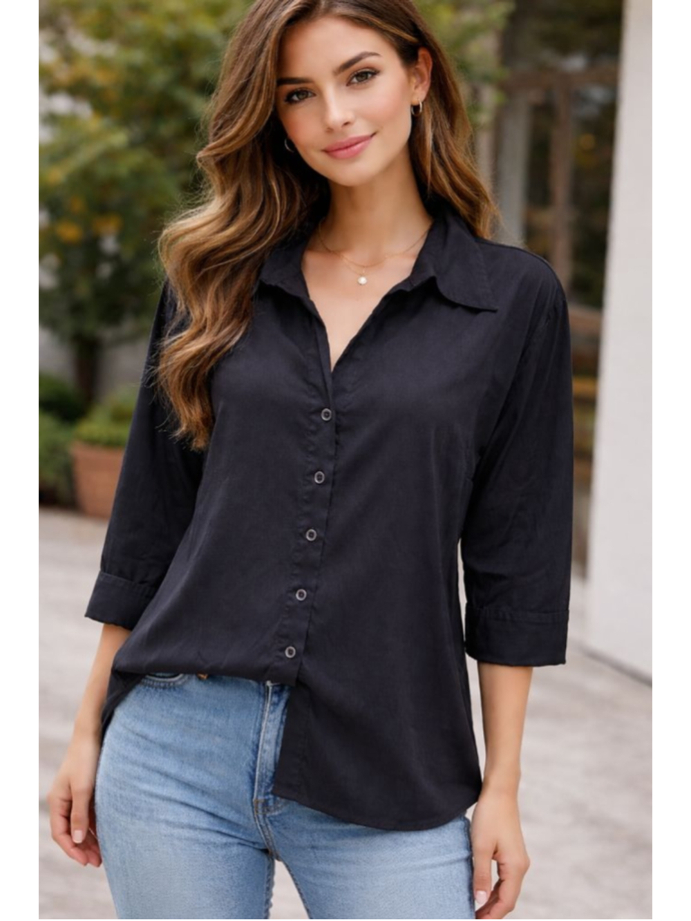 Vintage Fred David sz 2X black 3/4 sleeve button up work top blouse EUC career ^